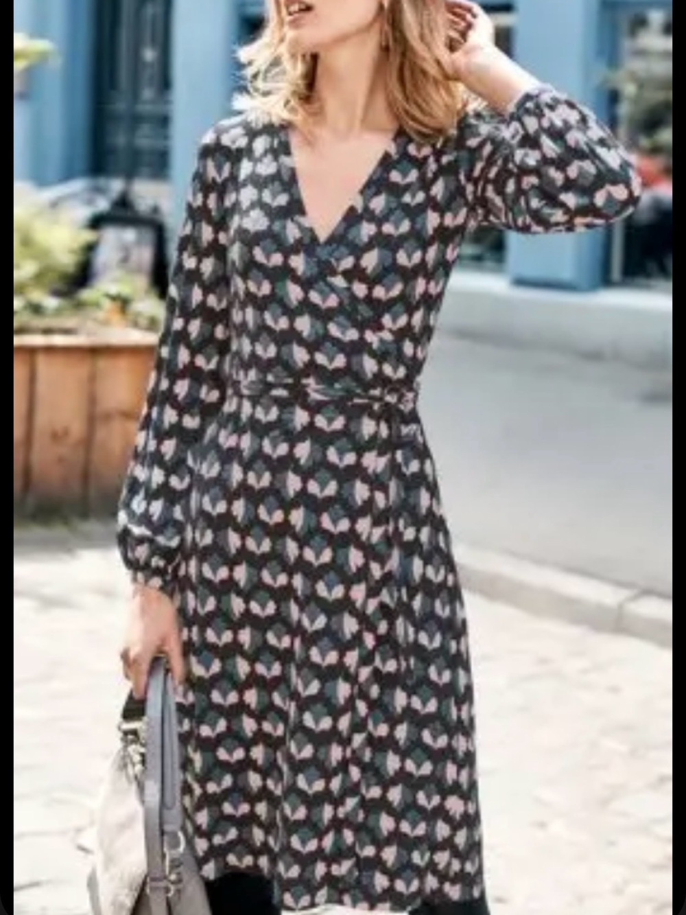 Boden V-Neck Long Sleeve Printed Wrap Midi Dress in Charcoal with Pink Accents